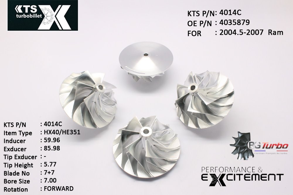 Turbo ROUE FORGÉE MFS PERFORMANCE - 7+7 PALES - INDUCER : 59,96 - EXDUCER : 85,98 - TYPE : HX40/HE351ANGLE : 45° - ROTATION : Forward - SUPER BACK : 4,96 - BORE SIZE : 7
